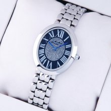 Cartier Baignoire steel womens replica watch with blue diamond dial